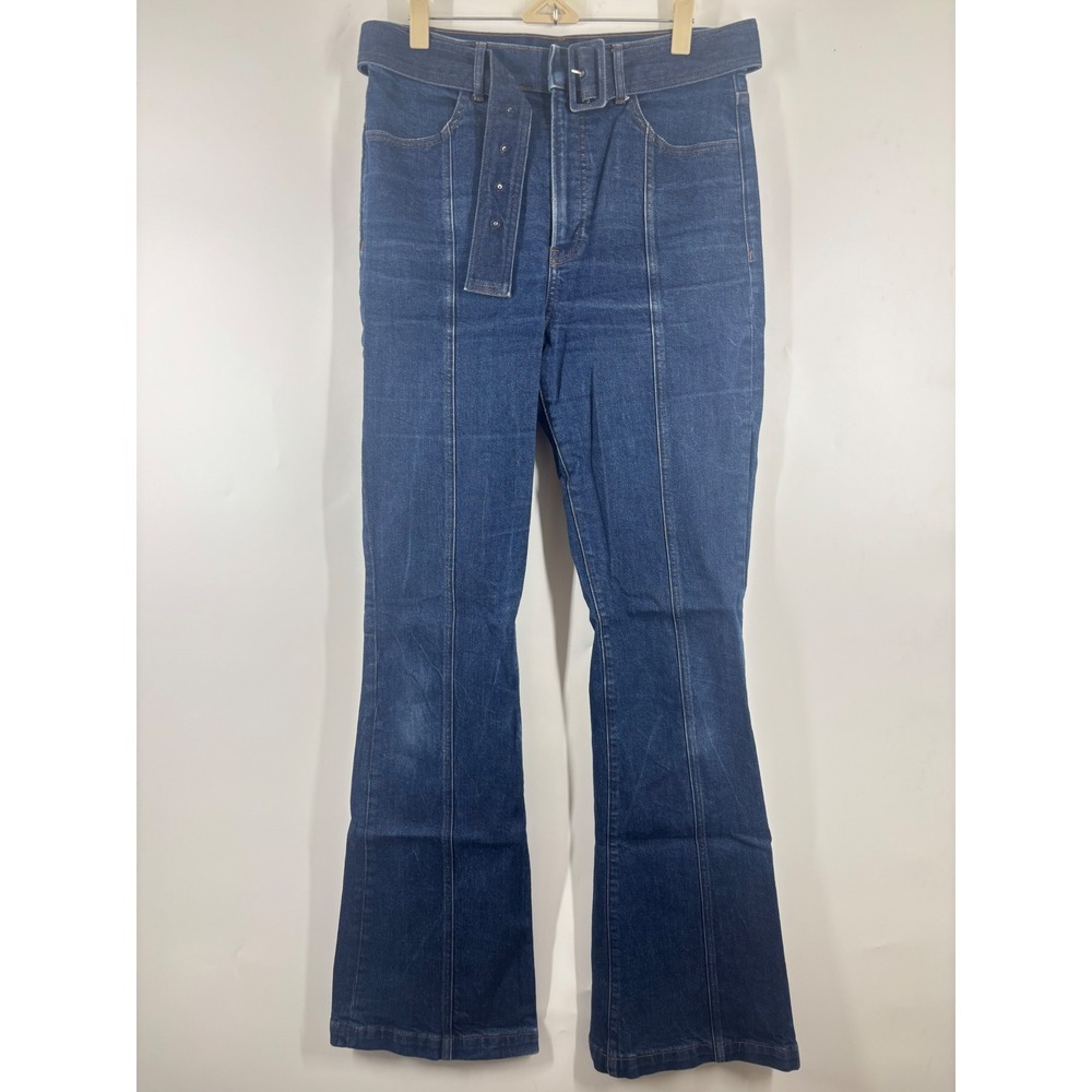 Express Super High‎ Rise Flare Jeans Dark Wash Belted Front Seam Womens 8L